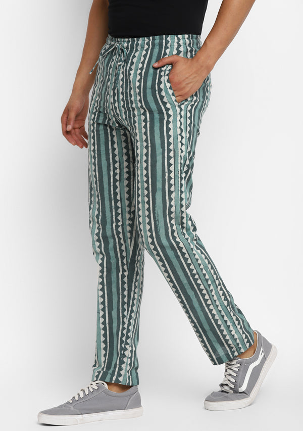 Aqua Green Hand Block Printed Cotton Lounge Pants For Men