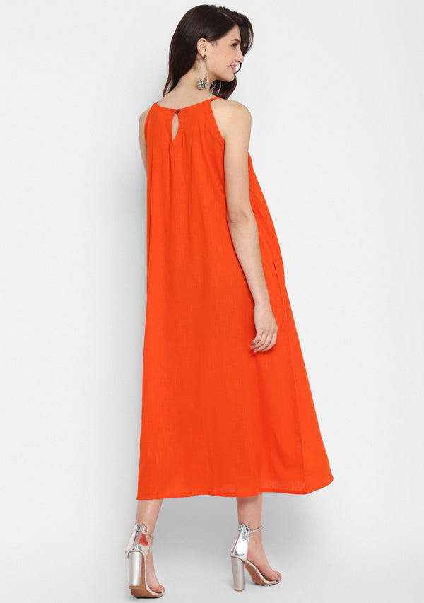 Orange Calf Length Cotton Dress with Spaghetti Straps