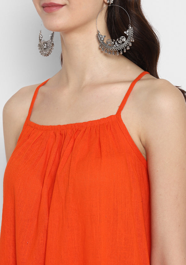 Orange Calf Length Cotton Dress with Spaghetti Straps
