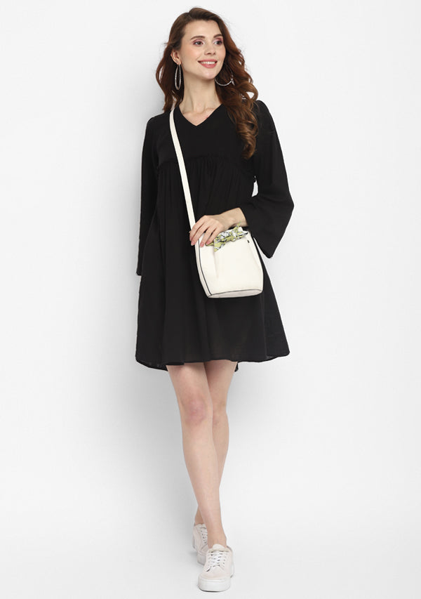 Black Short Cotton Dress with Fitted Bodice and Gathers