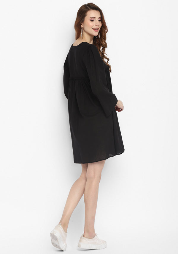 Black Short Cotton Dress with Fitted Bodice and Gathers