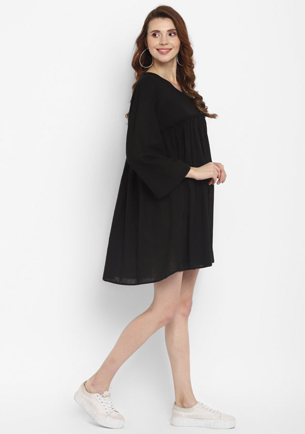 Black Short Cotton Dress with Fitted Bodice and Gathers