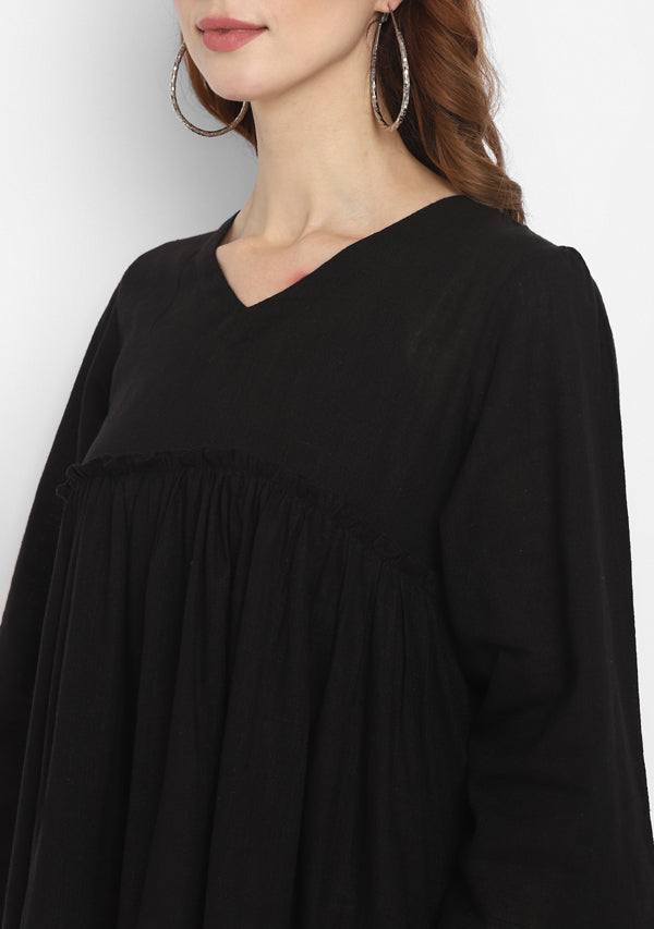 Black Short Cotton Dress with Fitted Bodice and Gathers