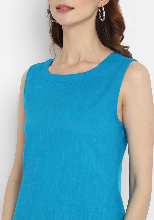 Turquoise Short Sleeveless Cotton Dress