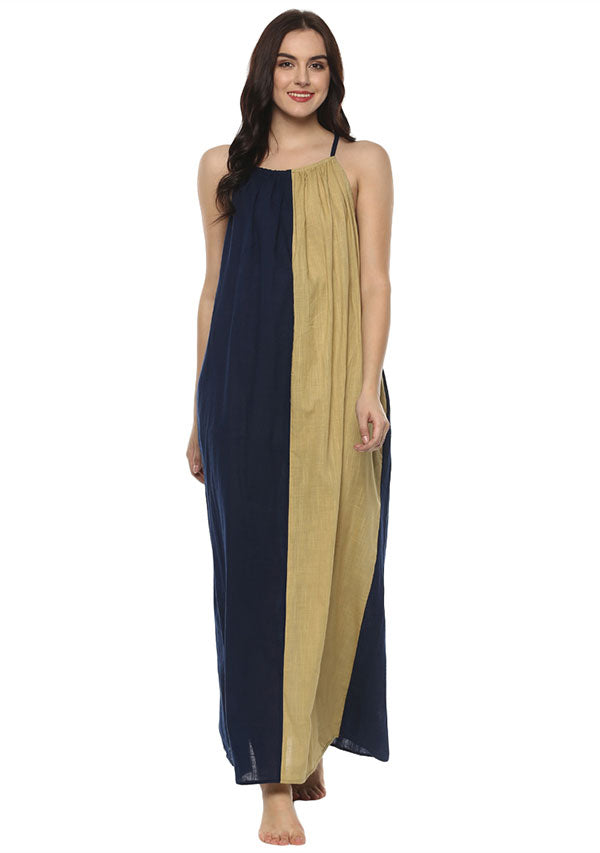 Beige Navy Blue Sleeveless Cotton Night Dress - unidra.myshopify.com