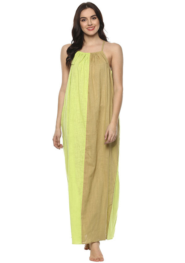 Beige Lime Green Sleeveless Cotton Night Dress - unidra.myshopify.com