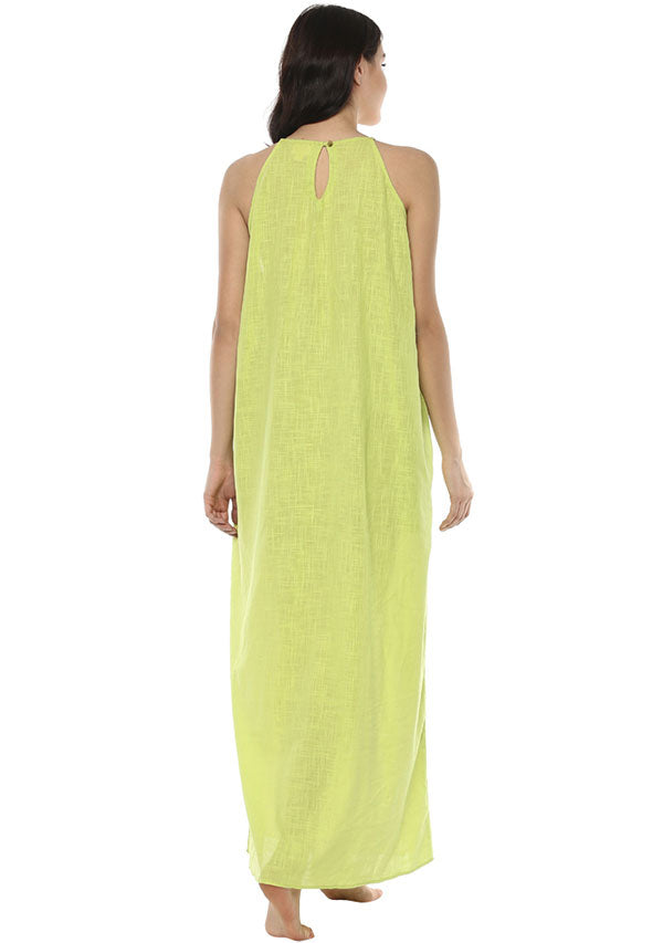 Beige Lime Green Sleeveless Cotton Night Dress - unidra.myshopify.com
