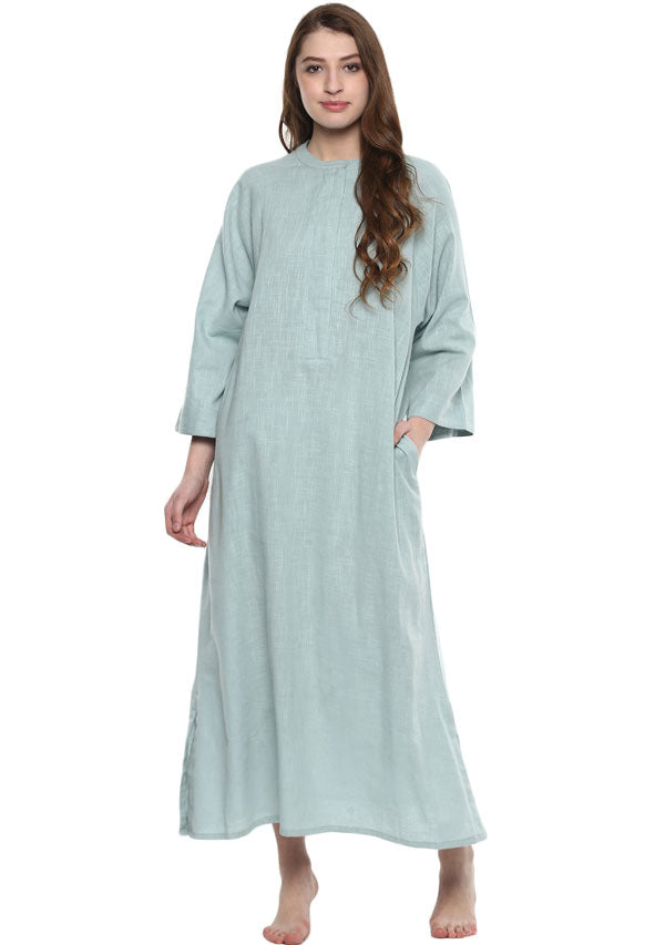 Aqua Cotton Night Dress With Long Sleeves and Zip Detail - unidra.myshopify.com