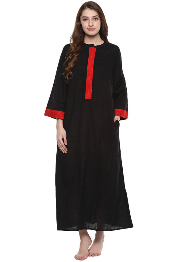 Black Red Bell Sleeves Cotton Night Dress Long Sleeves and Zip Detail - unidra.myshopify.com