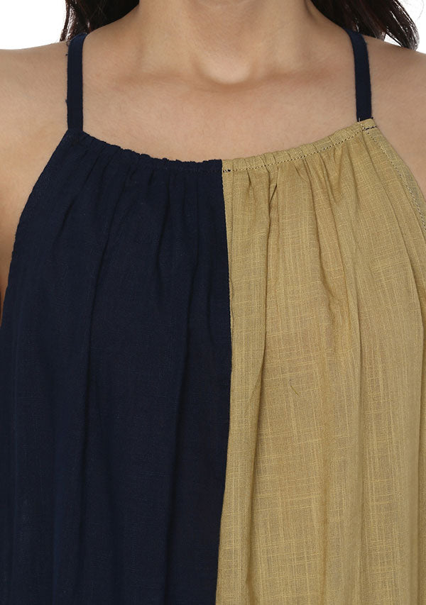 Beige Navy Blue Sleeveless Cotton Night Dress - unidra.myshopify.com