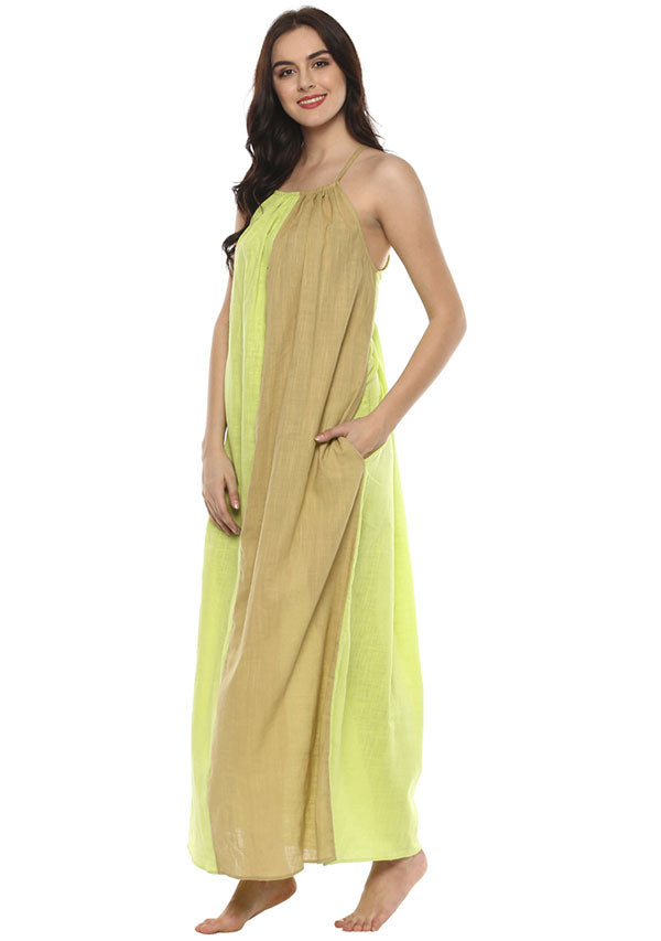 Beige Lime Green Sleeveless Cotton Night Dress - unidra.myshopify.com