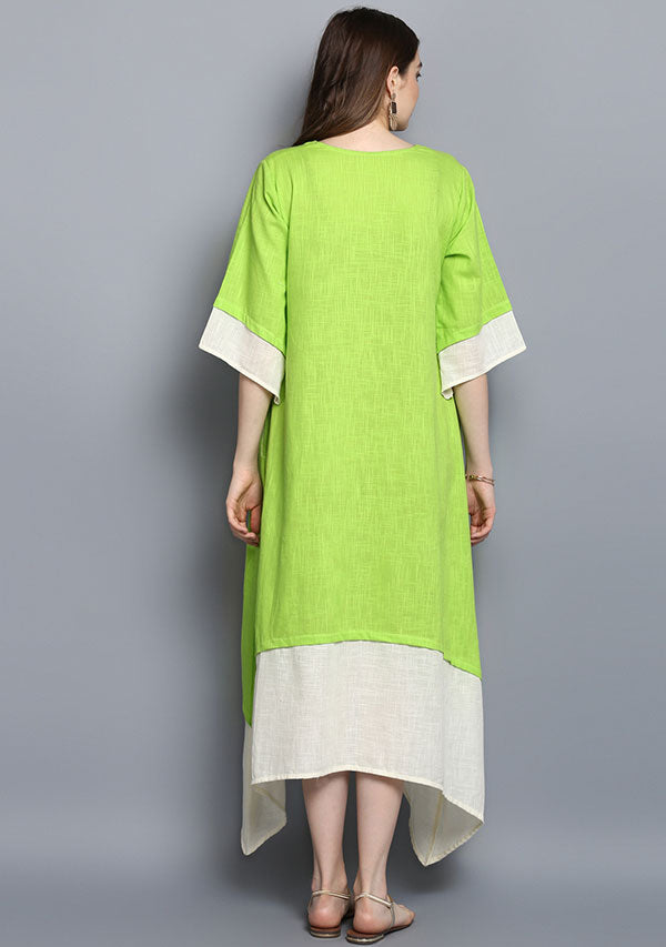 Parrot Green and White Layered Side Tail Cotton Dress - unidra.myshopify.com