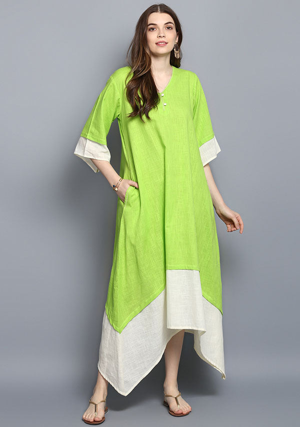 Parrot Green and White Layered Side Tail Cotton Dress - unidra.myshopify.com