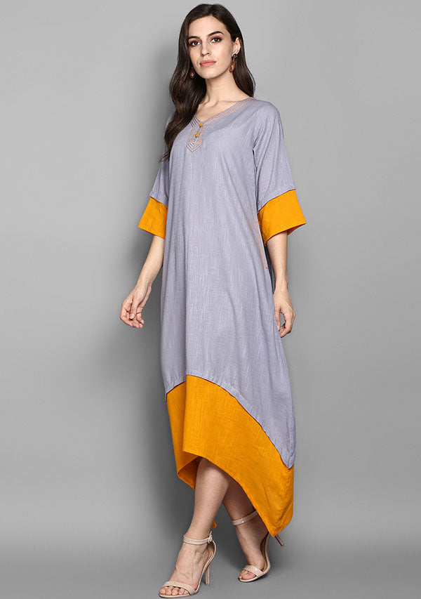 Grey and Mustard Layered Side Tail Cotton Dress - unidra.myshopify.com