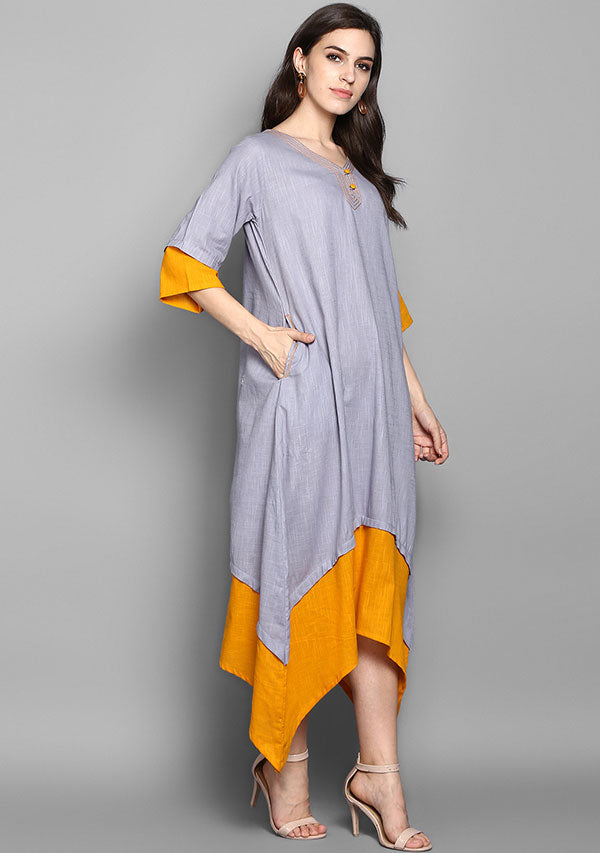 Grey and Mustard Layered Side Tail Cotton Dress - unidra.myshopify.com