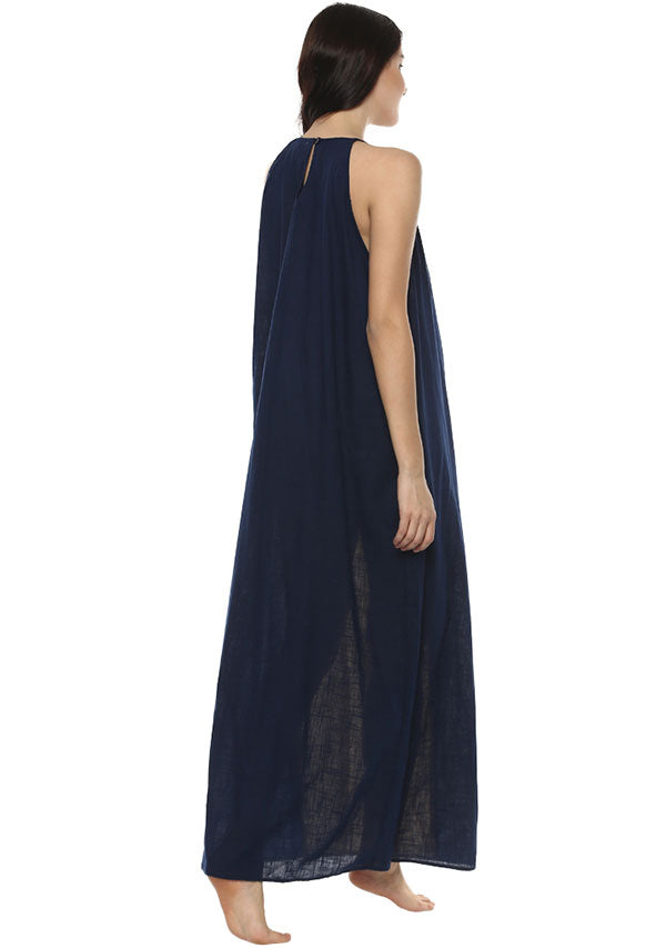 Beige Navy Blue Sleeveless Cotton Night Dress - unidra.myshopify.com