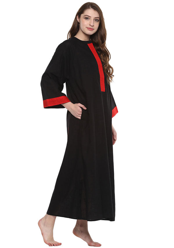 Black Red Bell Sleeves Cotton Night Dress Long Sleeves and Zip Detail - unidra.myshopify.com