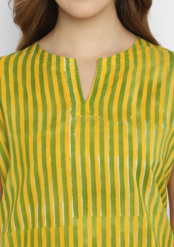 Yellow Green Striped Hand Block Printed Cotton Shorts with Top
