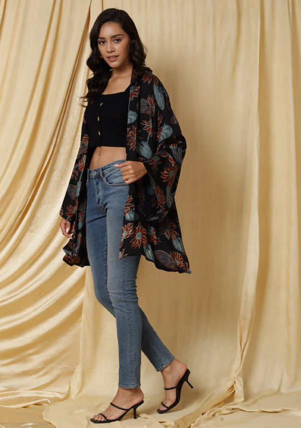 Embrace Black Blue Floral Handblock Printed Modal Short Cape