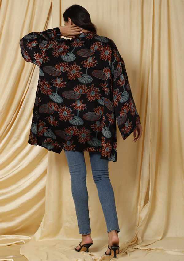 Embrace Black Blue Floral Handblock Printed Modal Short Cape