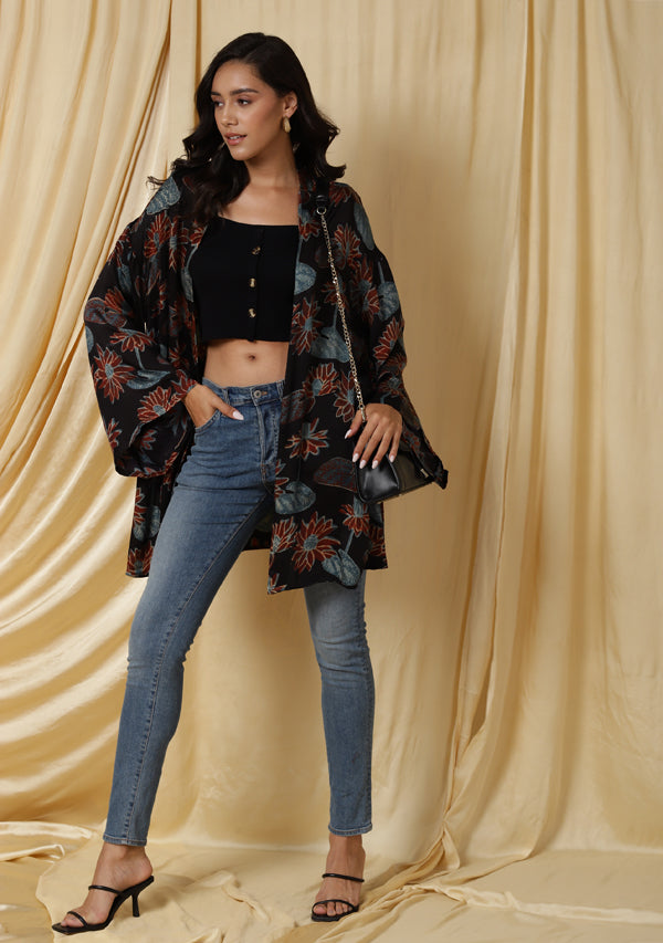 Embrace Black Blue Floral Handblock Printed Modal Short Cape