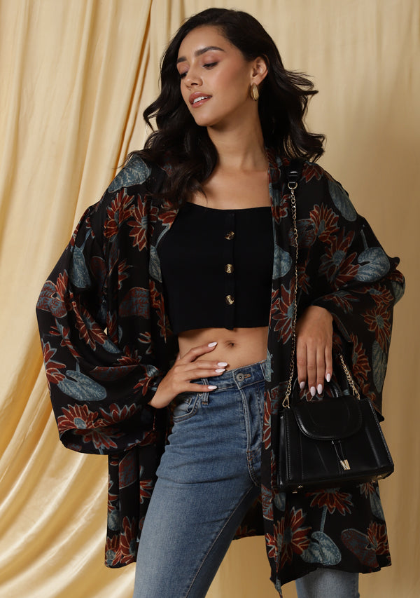 Embrace Black Blue Floral Handblock Printed Modal Short Cape