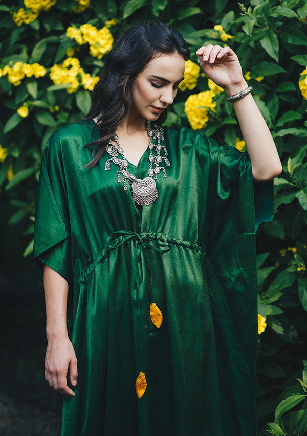 Bottle Green Mushru Luxury Kaftan with Tie-Up Waist and Contrast Mustard Trimmings - unidra.myshopify.com