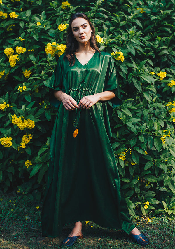 Bottle Green Mushru Luxury Kaftan with Tie-Up Waist and Contrast Mustard Trimmings - unidra.myshopify.com