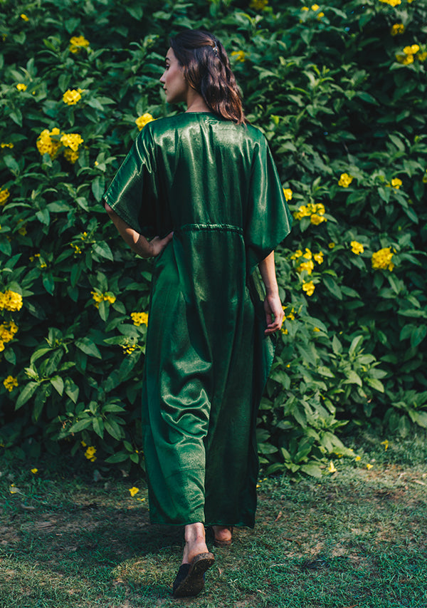 Bottle Green Mushru Luxury Kaftan with Tie-Up Waist and Contrast Mustard Trimmings - unidra.myshopify.com