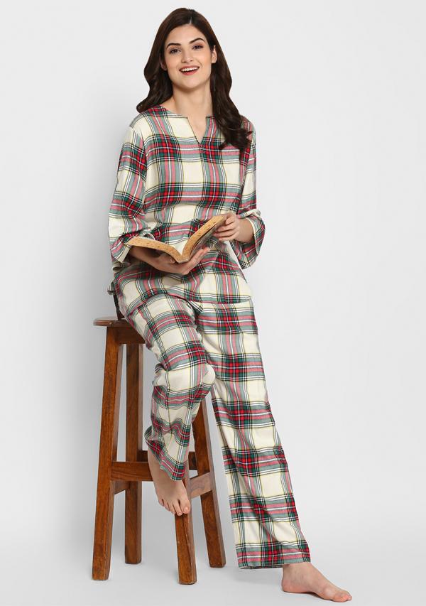 Flannel White Red Green Checked Night Suit
