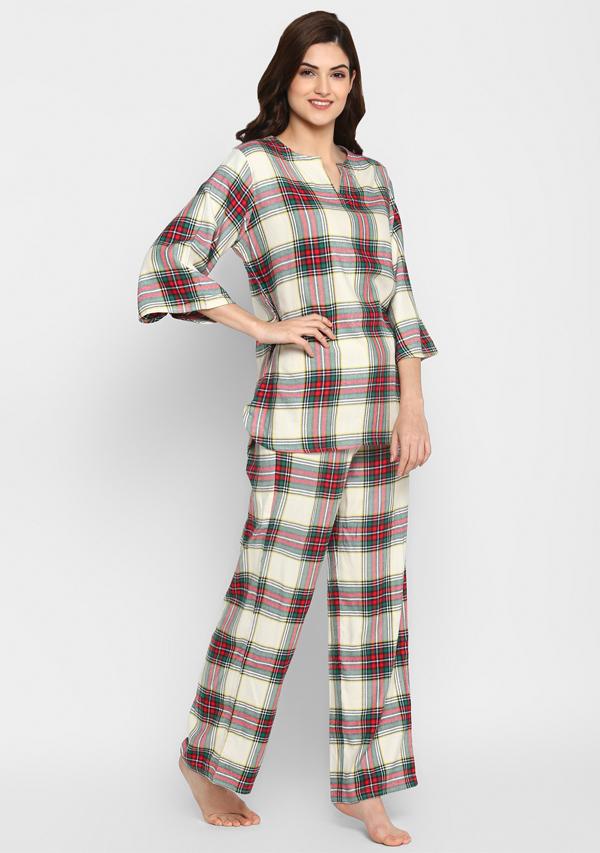 Flannel White Red Green Checked Night Suit