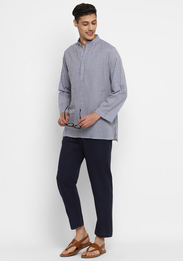 Navy Blue White Striped Cotton Shirt and Pyjamas For Men - unidra.myshopify.com