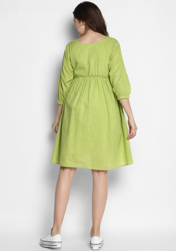 Parrot Green Short Cotton Dress with Fitted Bodice and Gathers - unidra.myshopify.com