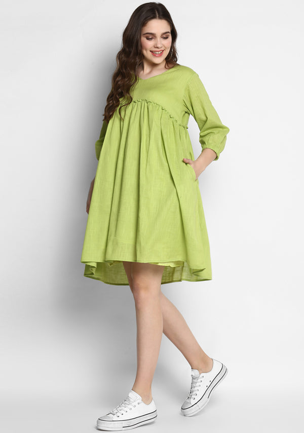 Parrot Green Short Cotton Dress with Fitted Bodice and Gathers - unidra.myshopify.com
