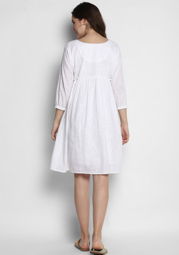 White Short Cotton Dress with Fitted Bodice and Gathers - unidra.myshopify.com