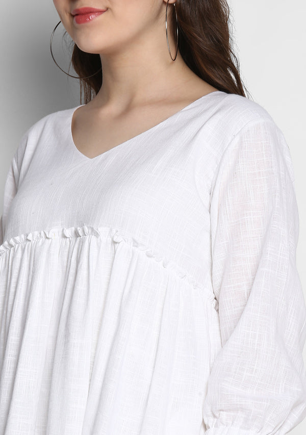 White Short Cotton Dress with Fitted Bodice and Gathers - unidra.myshopify.com