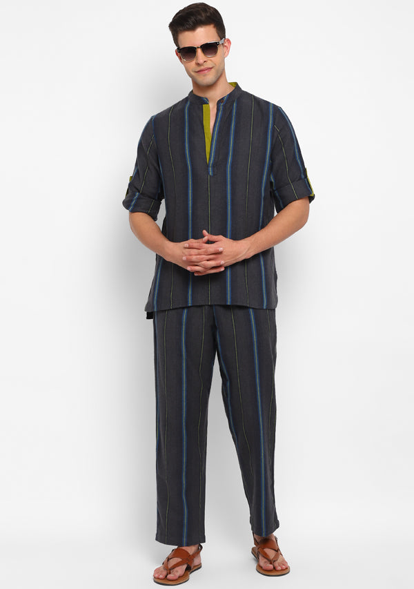 Flannel Grey Yellow Striped Shirt and Pyjamas For Men