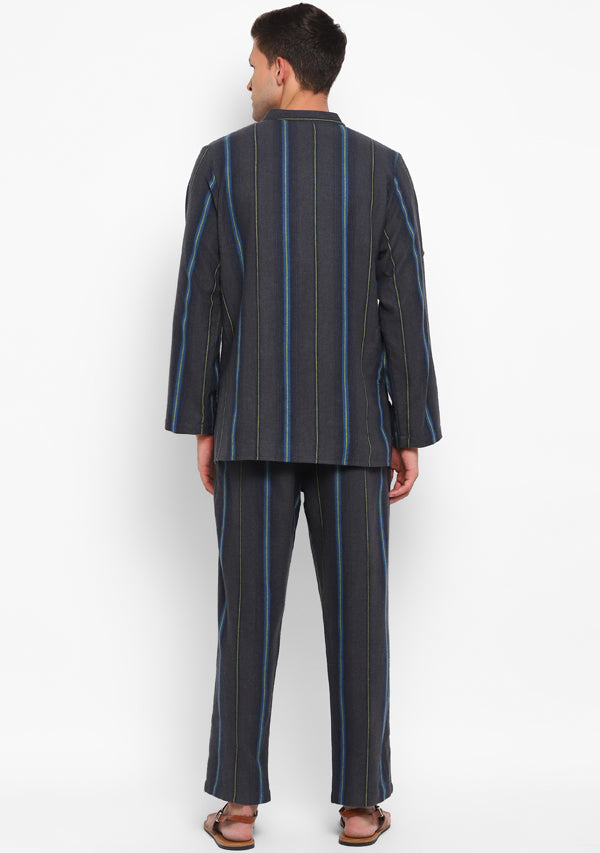 Flannel Grey Yellow Striped Shirt and Pyjamas For Men