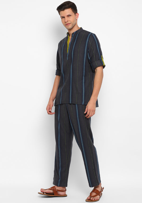 Flannel Grey Yellow Striped Shirt and Pyjamas For Men