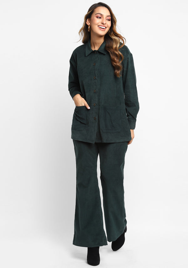 Bottle Green Corduroy Collared  Co-ord Set