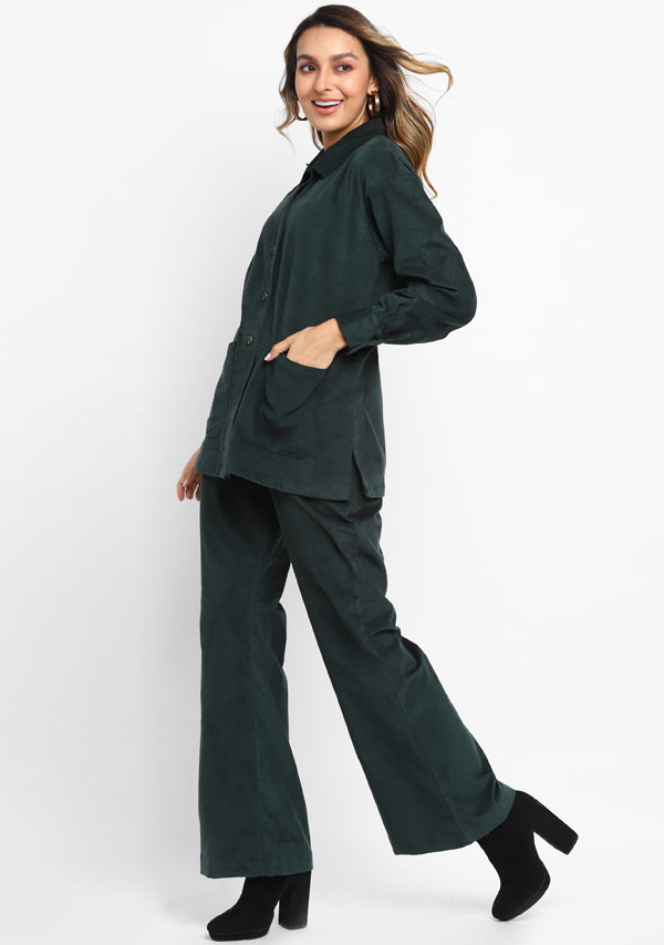 Bottle Green Corduroy Collared  Co-ord Set
