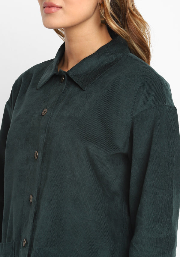 Bottle Green Corduroy Collared  Co-ord Set