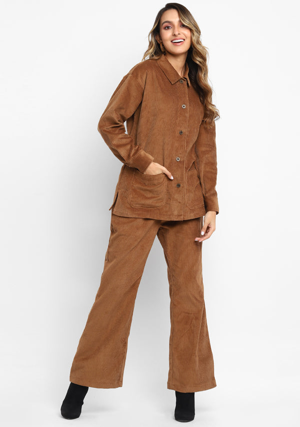 Corduroy Brown Collared  Co-ord Set