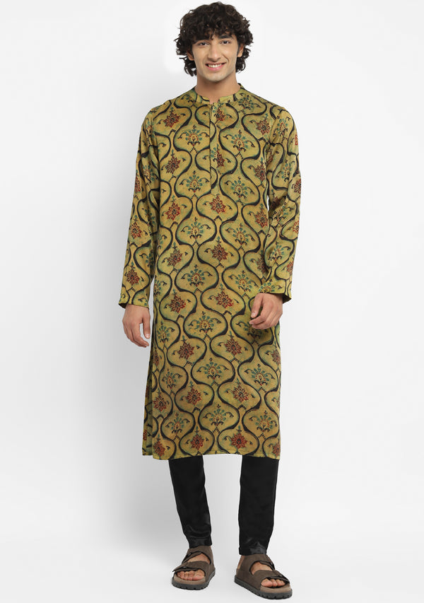 Embrace Mustard Green Floral Hand Block Printed Long Kurta with Pants For Men