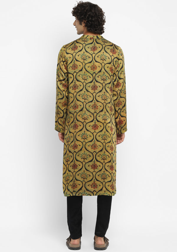 Embrace Mustard Green Floral Hand Block Printed Long Kurta with Pants For Men