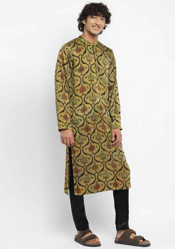 Embrace Mustard Green Floral Hand Block Printed Long Kurta with Pants For Men