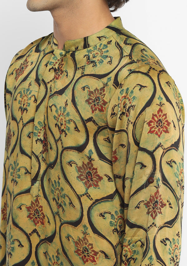 Embrace Mustard Green Floral Hand Block Printed Long Kurta with Pants For Men