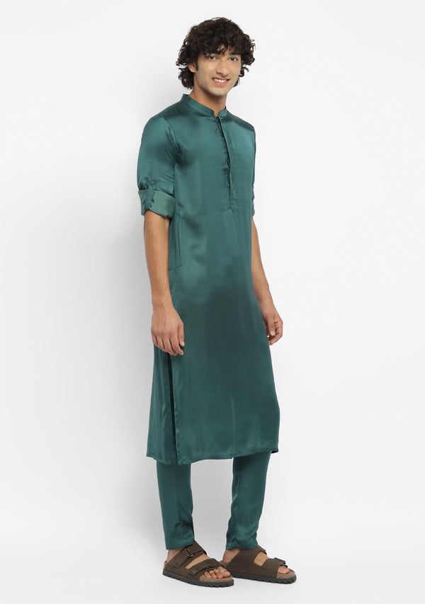 Embrace Teal Green  Long Modal Kurta with Pants For Men