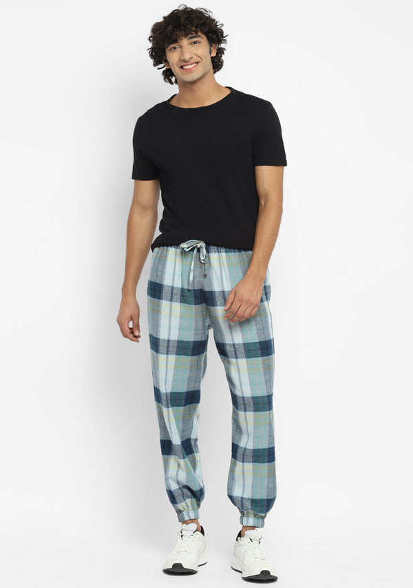 Flannel Blue Green Checked Jogger Pants For Men