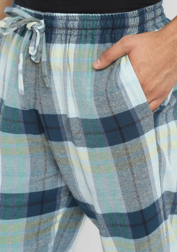 Flannel Blue Green Checked Jogger Pants For Men
